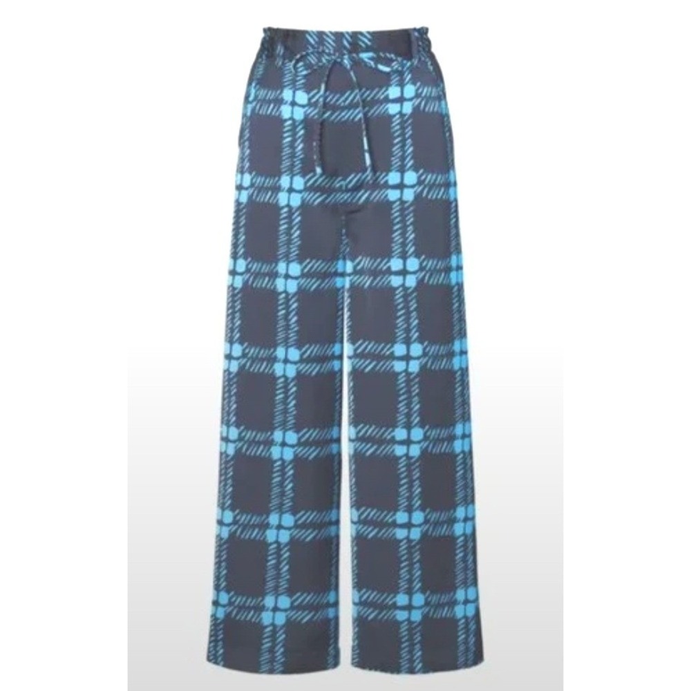 Marni x Uniqlo Drape Relaxed Wide Leg Plaid Pants Blue Turquoise XL Elastic Wais
